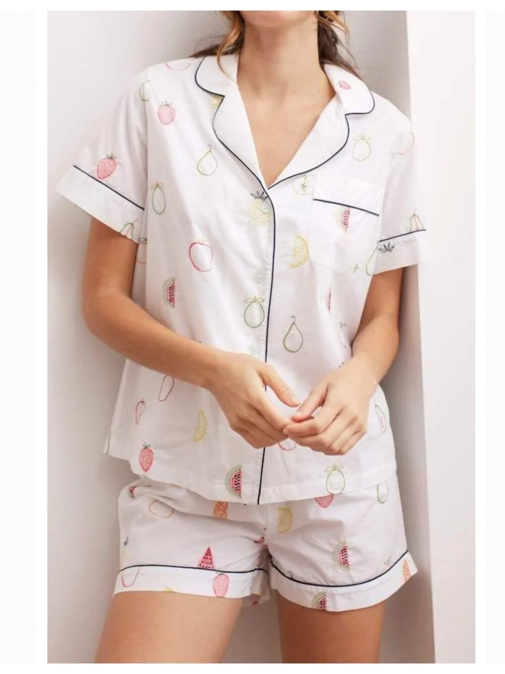 Printfresh White Fruit-Print Short Pajama Set with Black Piping